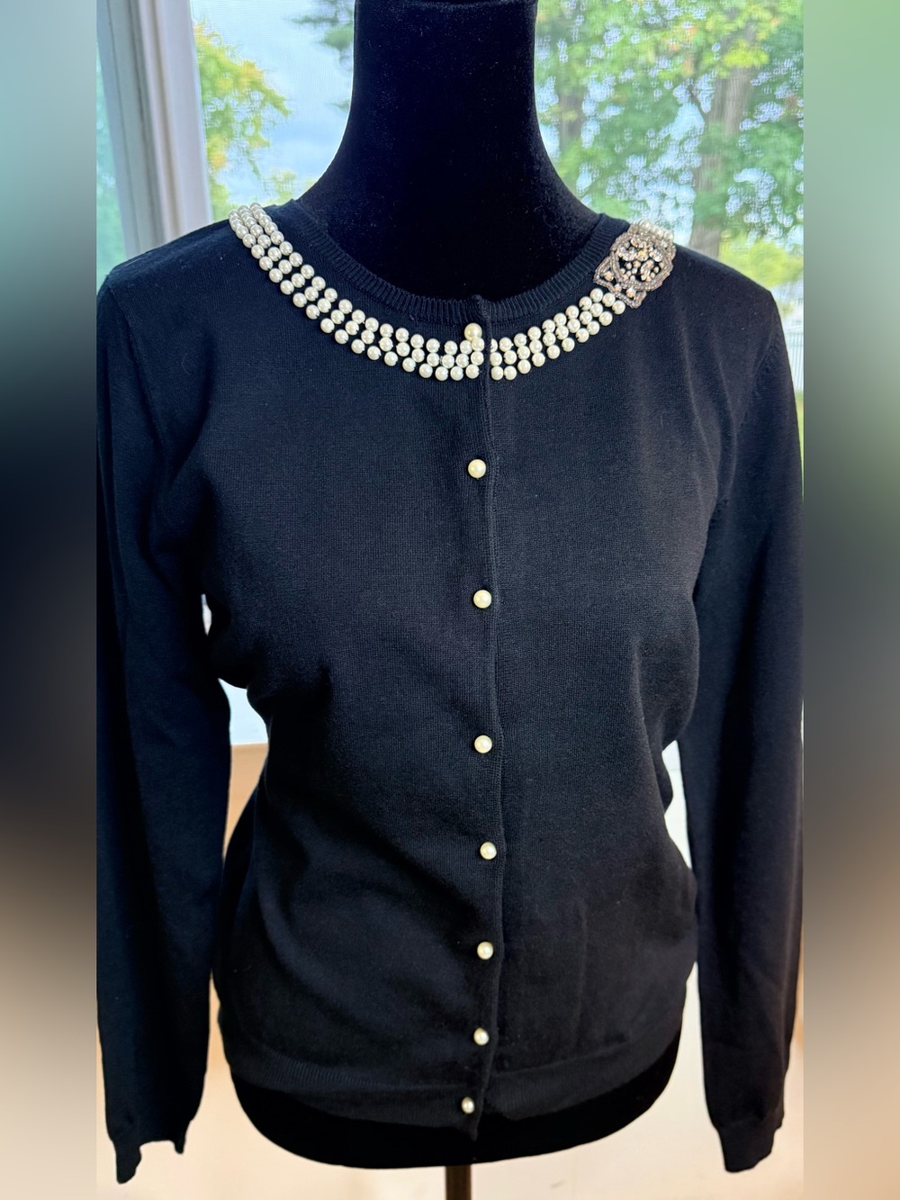 Vintage NWT LACE black cardigan 50’s inspired silk blend pearl rhinestones chic - Picture 9 of 11
